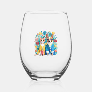 Cute dog and cat newlyweds wearing Korean hanbok.  Stemless Wine Glass