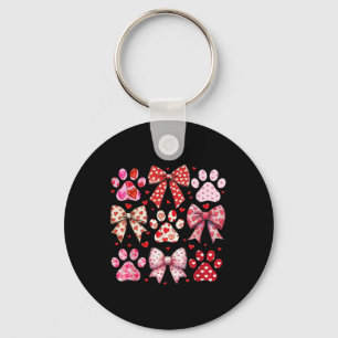 Cute Dog And Cat Paw Valentines Day Coquette Bow Key Ring