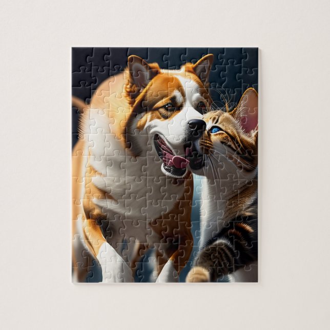 Cute Dog and Cat Playing Jigsaw Puzzle (Vertical)