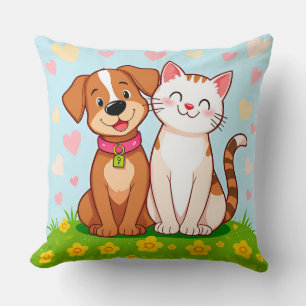 Cute Dog And Cat Together Friendship Animal Style  Cushion