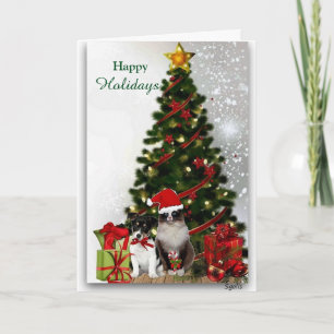 Cute Dog and Cat with Christmas Tree Greeting Card