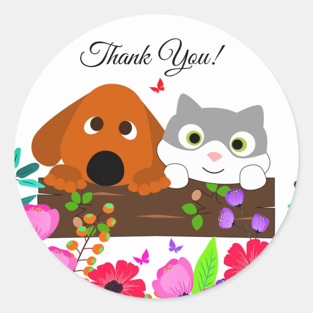 Cute Dog And Cat With Flowers And Butterfly Classic Round Sticker (Front)