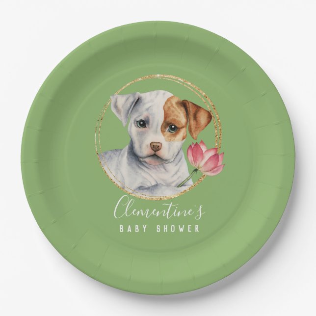 Cute Dog and Flower | Spring Baby Shower Paper Plate (Front)
