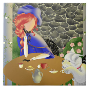 Cute Dog and Lady in cafe at sunset Ceramic Tile