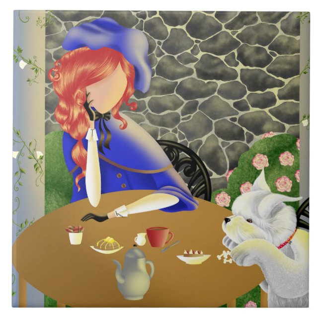 Cute Dog and Lady in cafe at sunset Ceramic Tile (Front)