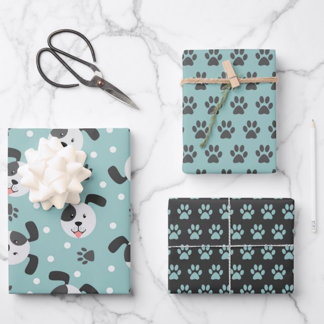 Cute Dog and Paw Prints Wrapping Paper Set (Front)