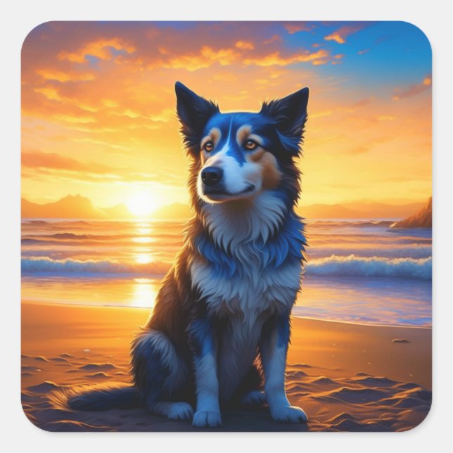 Cute Dog at Sunset Serene Ocean Beach Square Sticker (Front)