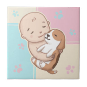 Cute Dog & Baby Illustration Art Ceramic Tile