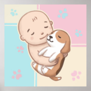 Cute Dog & Baby Illustration Art Poster