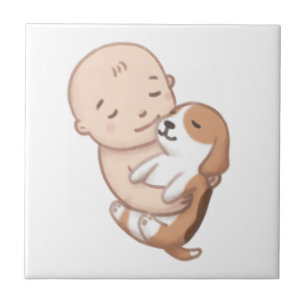 Cute Dog & Baby Illustration Ceramic Tile