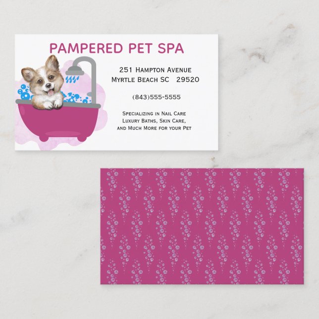 Cute Dog Bath Purple Pet Groomer Business  Business Card (Front/Back)