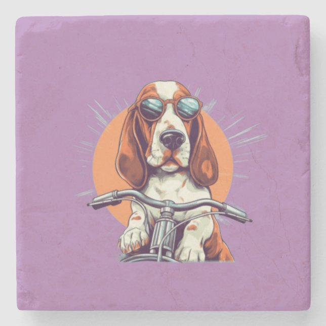Cute dog biker in the sunset  stone coaster (Front)