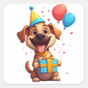 🎂 Cute Dog Birthday Celebration With Gift Square Sticker