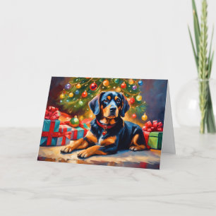 Cute Dog by the Christmas Tree Holiday Card