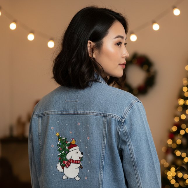 Cute Dog Carrying Christmas Tree Holiday Denim Jacket (Creator Uploaded)