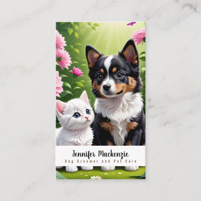 Cute Dog Cat Groomer Grooming Service Pet Care  Business Card (Front)