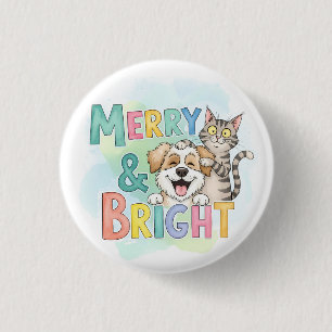 Cute Dog & Cat Merry & Bright 3 Cm Round Badge