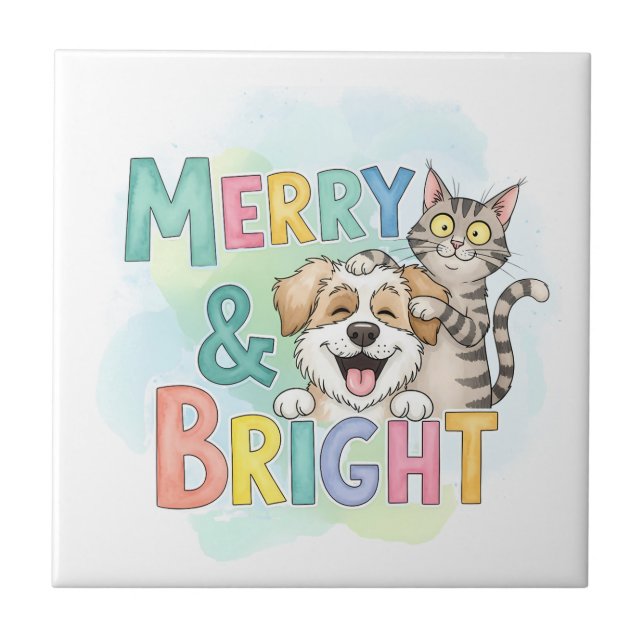 Cute Dog & Cat Merry & Bright  Ceramic Tile (Front)