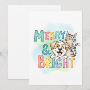 Cute Dog & Cat Merry & Bright  Holiday Card