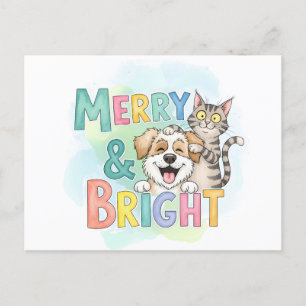 Cute Dog & Cat Merry & Bright Holiday Postcard
