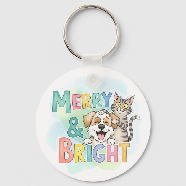 Cute Dog & Cat Merry & Bright  Key Ring (Front)
