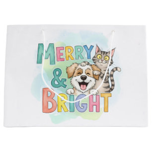 Cute Dog & Cat Merry & Bright Large Gift Bag