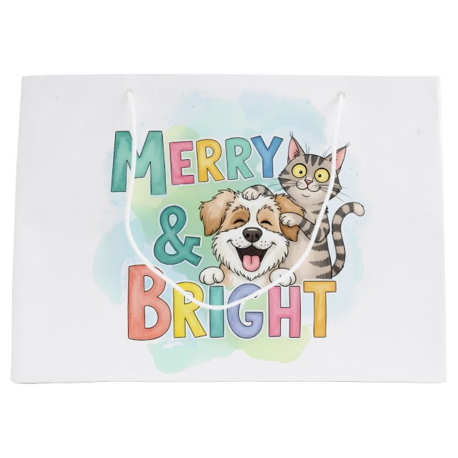 Cute Dog & Cat Merry & Bright  Large Gift Bag (Front)