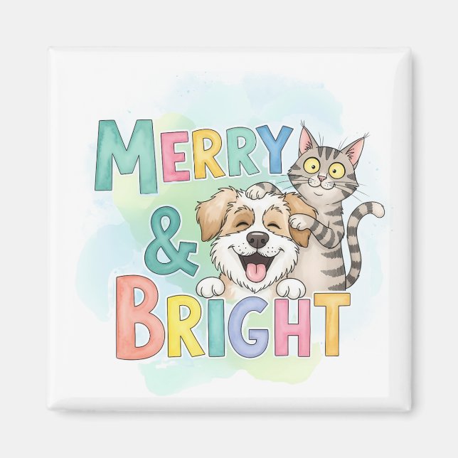 Cute Dog & Cat Merry & Bright  Magnet (Front)
