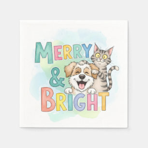 Cute Dog & Cat Merry & Bright Paper Napkin