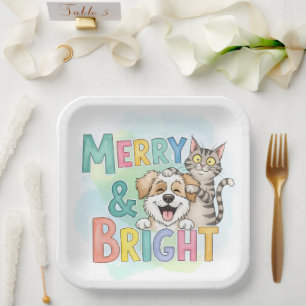 Cute Dog & Cat Merry & Bright Paper Plate