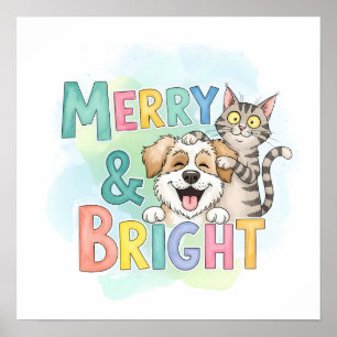 Cute Dog & Cat Merry & Bright  Poster