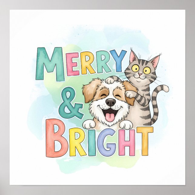Cute Dog & Cat Merry & Bright  Poster (Front)