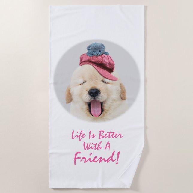 Cute Dog & Cat Personalise Beach Towel (Front)
