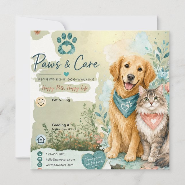 Cute Dog & Cat Pet Sitter Dog Walker Flat Card (Front)