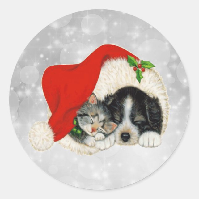 Cute Dog Cat Santa Cap Christmas Classic Round Sticker (Front)