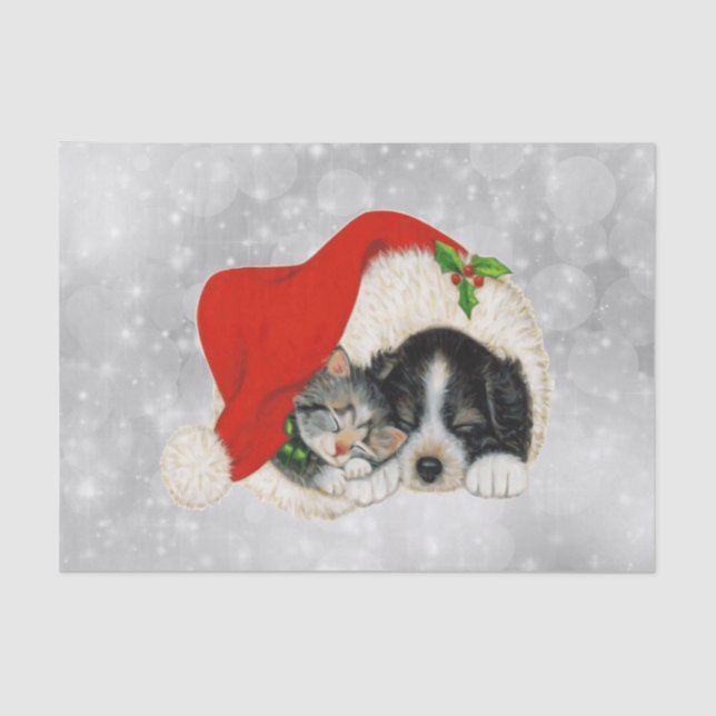 Cute Dog Cat Santa Cap Christmas Tissue Paper (Front)