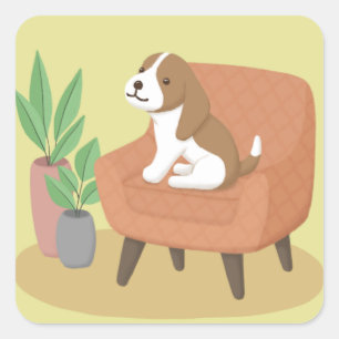 Cute Dog, Chair & Plants Illustration Art Square Sticker