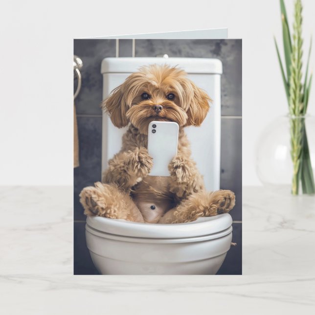 Cute Dog Checking Phone in Toilet Folded Card (Front)