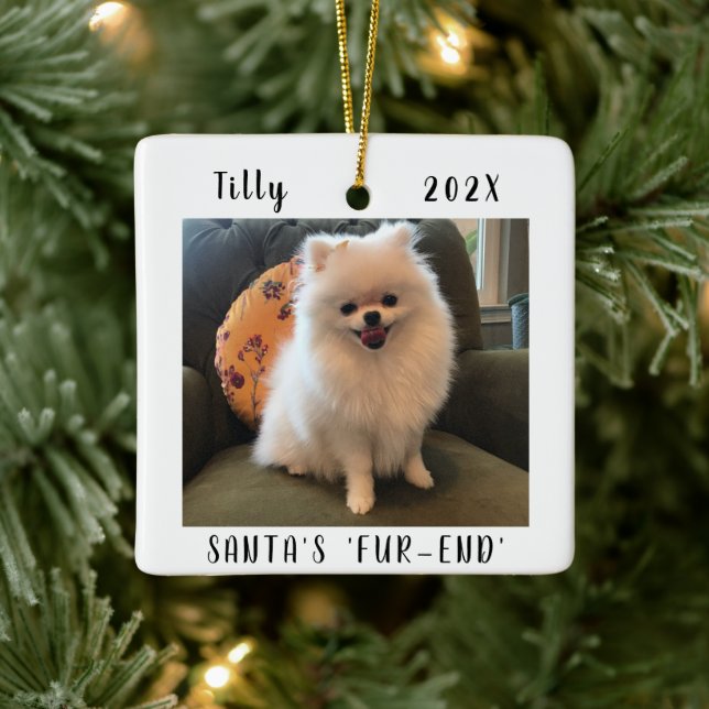 Cute Dog Christmas Keepsake Two Sided Pet Photo Ceramic Ornament (Tree)