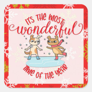 Cute Dog Christmas Most Wonderful Time Red Square Sticker