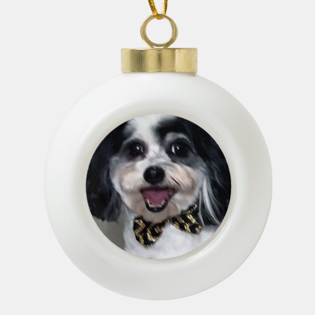 Cute Dog Christmas Ornament, K-Cee Bow Tie Ceramic Ball Christmas Ornament (Front)