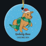 Cute Dog Christmas Puppy Snow Winter Holiday Ceramic Ornament<br><div class="desc">Cute cartoon animal ornament for kids and children. Perfect for first Christmas celebration with family. You can customise the text for any occasion.</div>