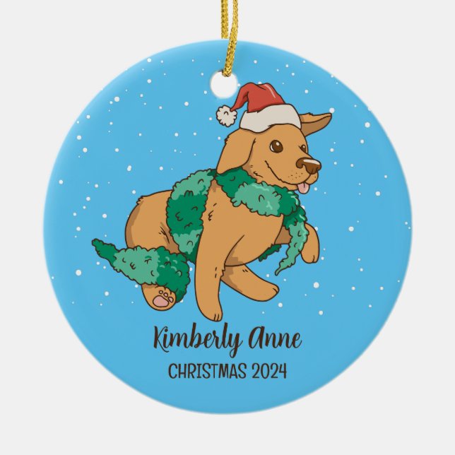 Cute Dog Christmas Puppy Snow Winter Holiday Ceramic Ornament (Front)