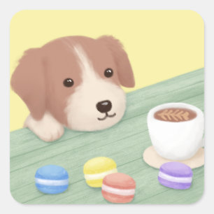 Cute Dog, Coffee, and Macarons Illustration Art Square Sticker