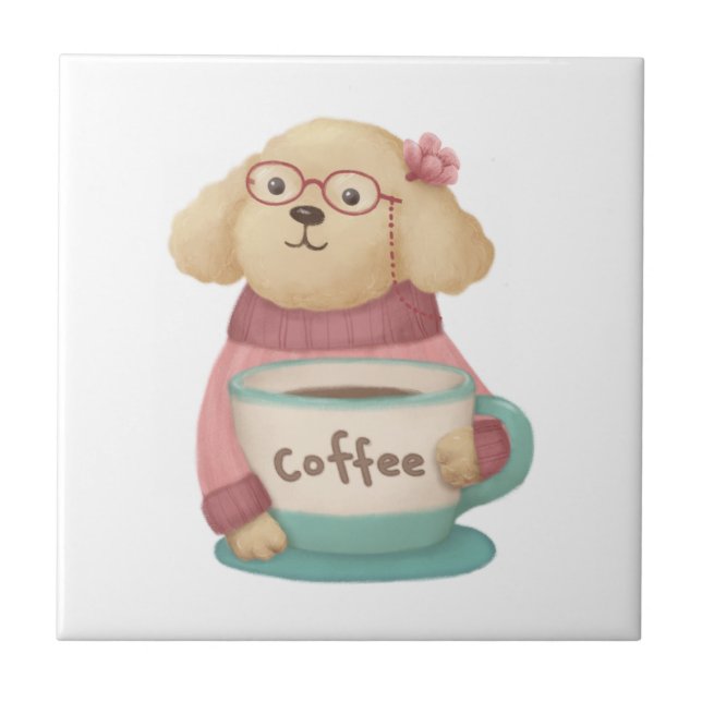 Cute Dog & Coffee Illustration Ceramic Tile (Front)
