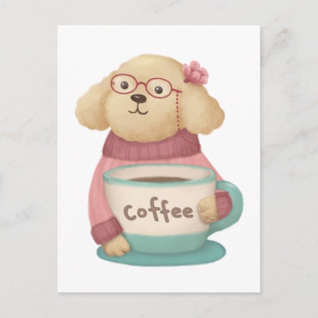 Cute Dog & Coffee Illustration Postcard (Front)