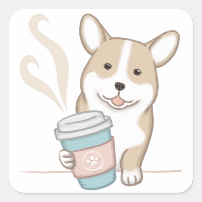 Cute Dog & Coffee Illustration Square Sticker (Front)