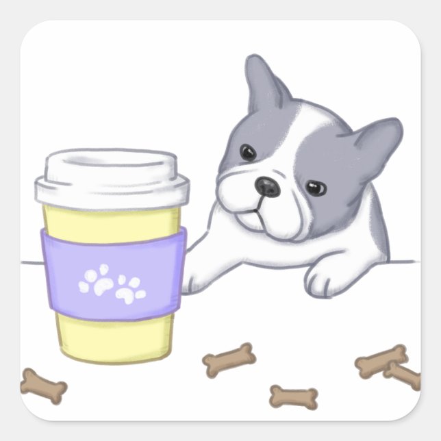 Cute Dog, Cup, and Biscuits Illustration Square Sticker (Front)