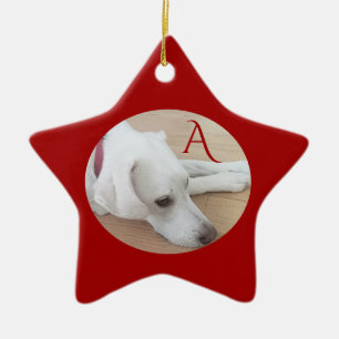 Cute Dog Custom Single Initial Red Star Ceramic Ornament