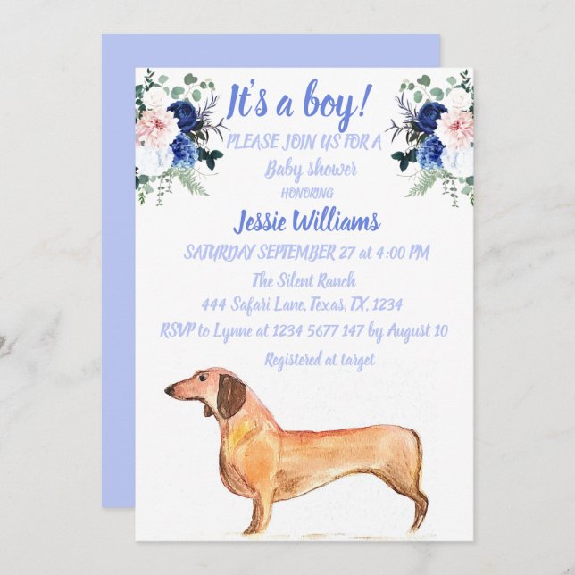 Cute Dog Dachshund Floral Blue Weiner Baby Boy Invitation (Front/Back)